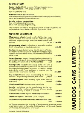 Marcos 1500 - Preisliste und Optionen (engl, 1966) Marcos 1500 - Preisliste und Optionen (engl, 1966)