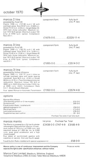 Marcos 2- und 3-Litre, Mantis - Preisliste (engl, 1971) Marcos 2- und 3-Litre, Mantis - Preisliste (engl, 1971)