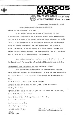 Marcos Mantis - Pressemitteilung Le-Mans-Teilnahme (engl, 1968) Marcos Mantis - Pressemitteilung Le-Mans-Teilnahme (engl, 1968)