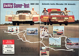 Super-Test: Mercedes 230 kontra BMW 2000 (Mercedes-Benz 230 Automatic kontra BMW 2000 Automatic - Super-Test - hobby 14/1967 - Seiten 60 & 61) Super-Test: Mercedes 230 kontra BMW 2000 (Mercedes-Benz 230 Automatic kontra BMW 2000 Automatic - Super-Test - hobby 14/1967 - Seiten 60 & 61)