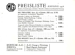 Preisliste MG Modellprogramm (1938)