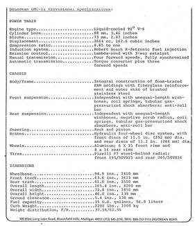 Technische Spezifikation des De Lorean DMC-12 aus dem Jahre 1979 Technische Spezifikation des De Lorean DMC-12 aus dem Jahre 1979
